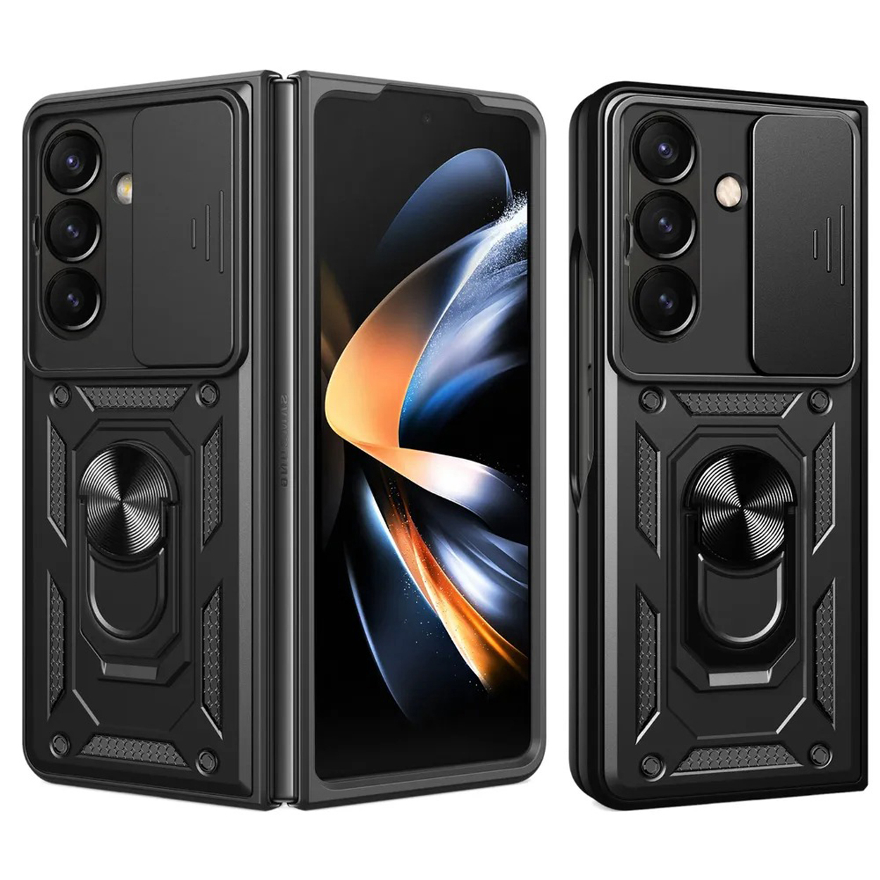 Zwart telefoonhoesje, open en dicht, met een telefoon, camera en ringhouder.