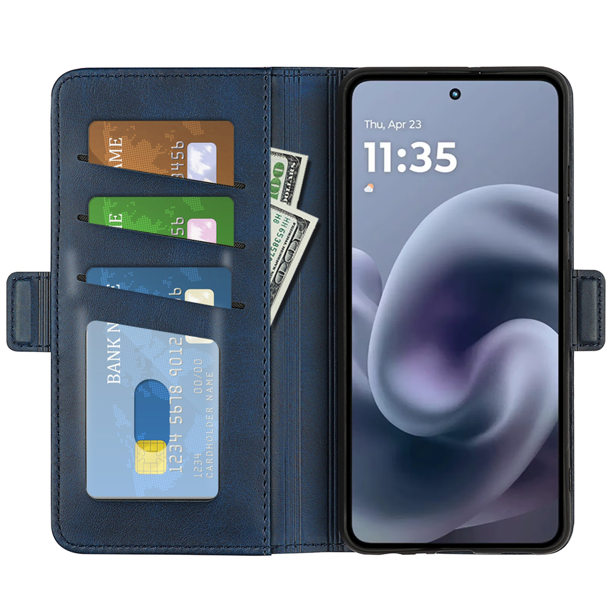 Blauw telefoonhoesje portemonnee open met kaarten, geld en een telefoon die de datum en tijd toont.