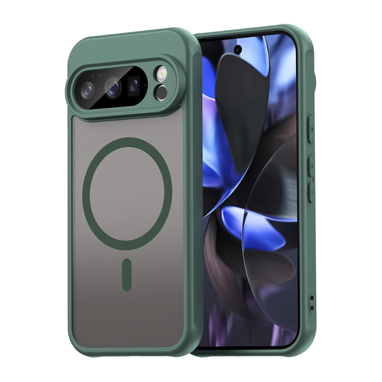 Coque de téléphone verte avec dos transparent, cercle et symbole moins, caméra sur le côté.