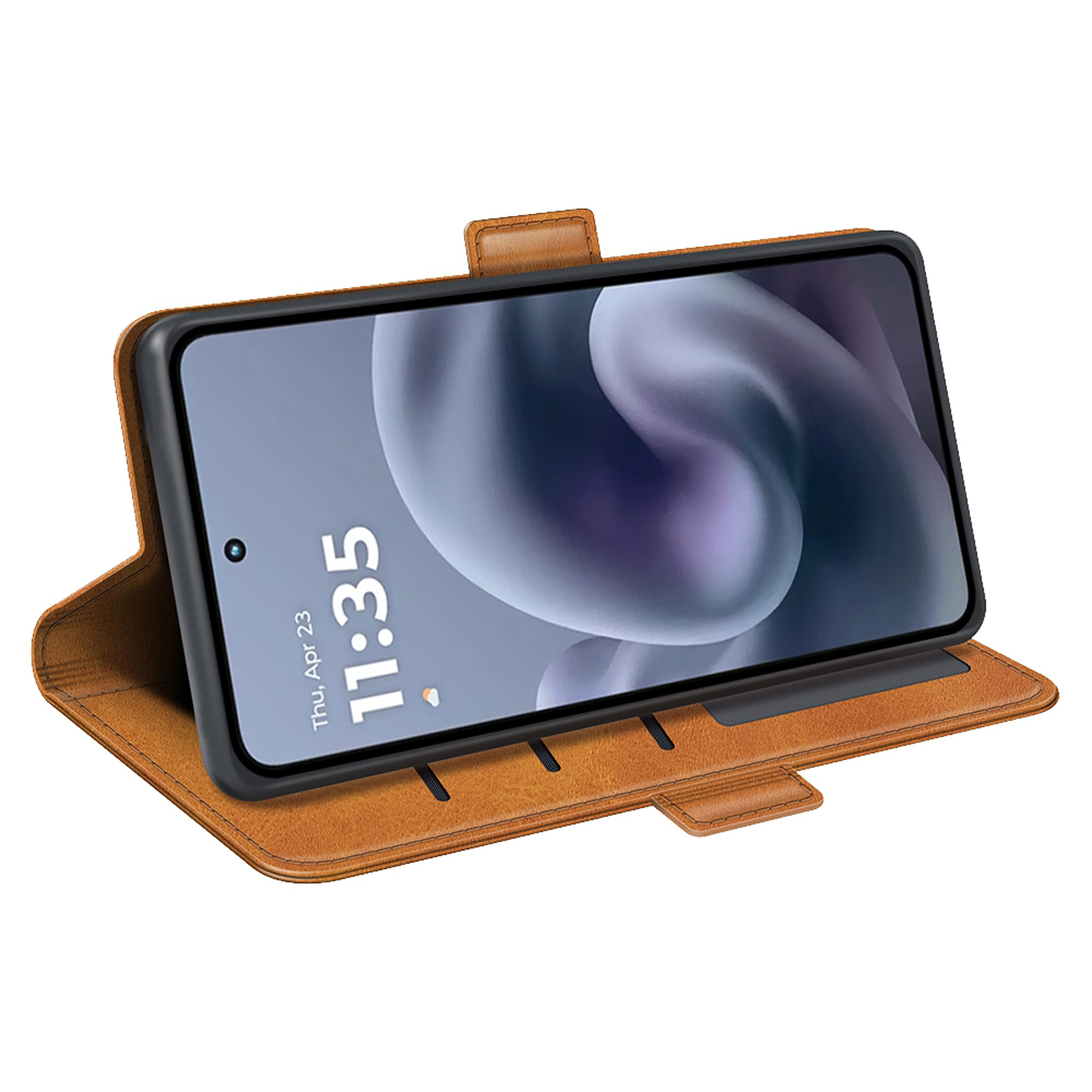 Bruin telefoonhoesje portemonnee open, met telefoon met tijd en datum.