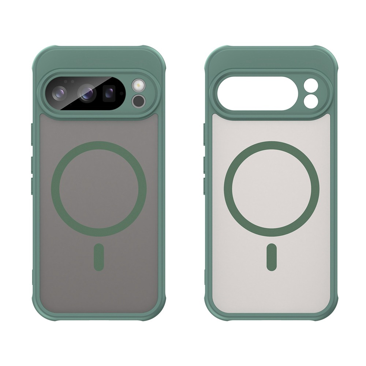Deux coques de téléphone vertes, une avec dos transparent, cercle et symbole moins, l'autre avec caméra.