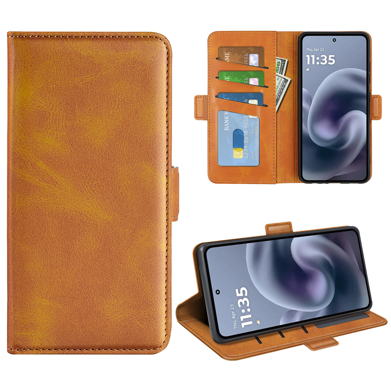Bruin telefoonhoesje portemonnee met telefoon, kaarten en geld erin, telefoon toont tijd en datum.