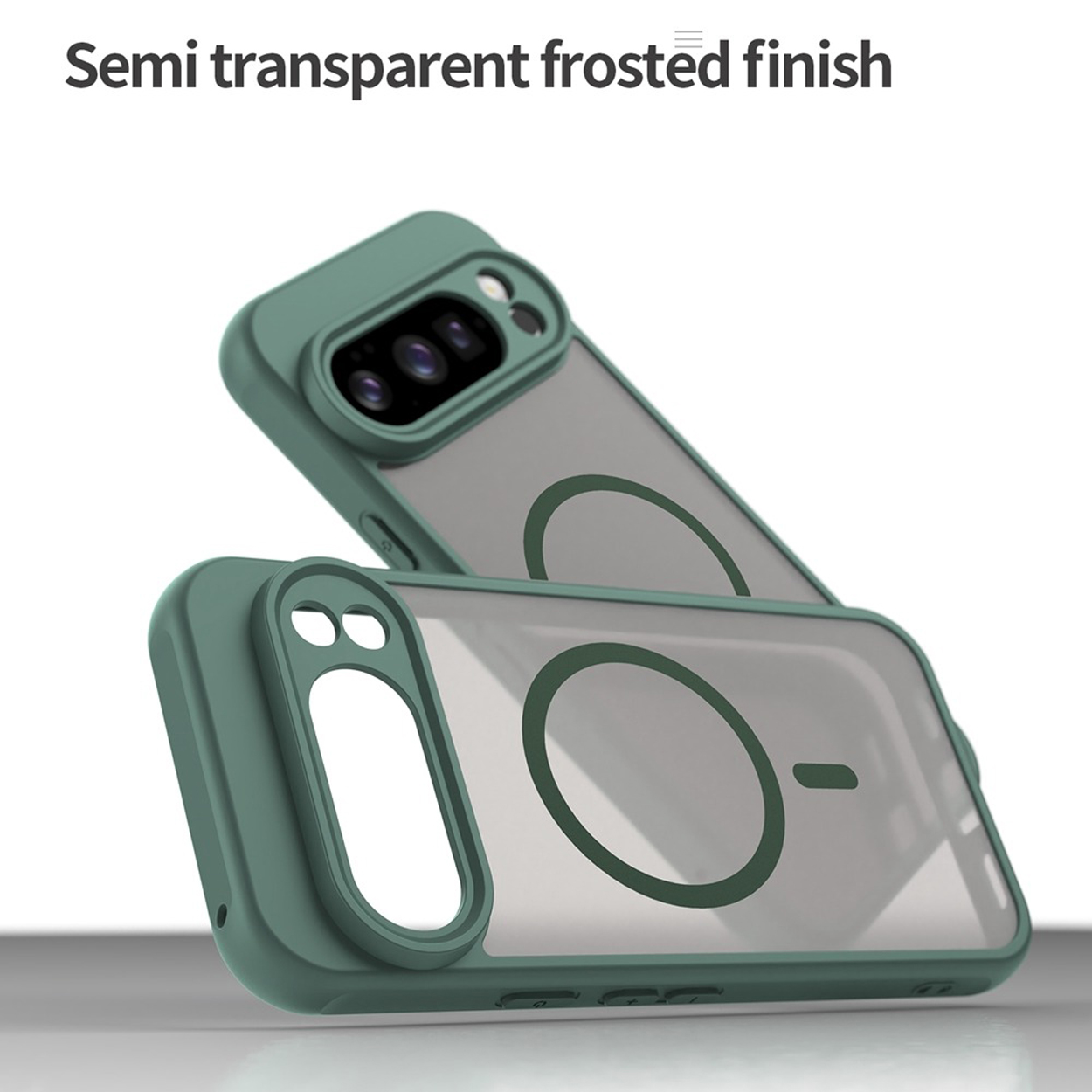 Deux coques de téléphone vertes, une au-dessus de l'autre, avec dos transparents et finition givrée semi-transparente.