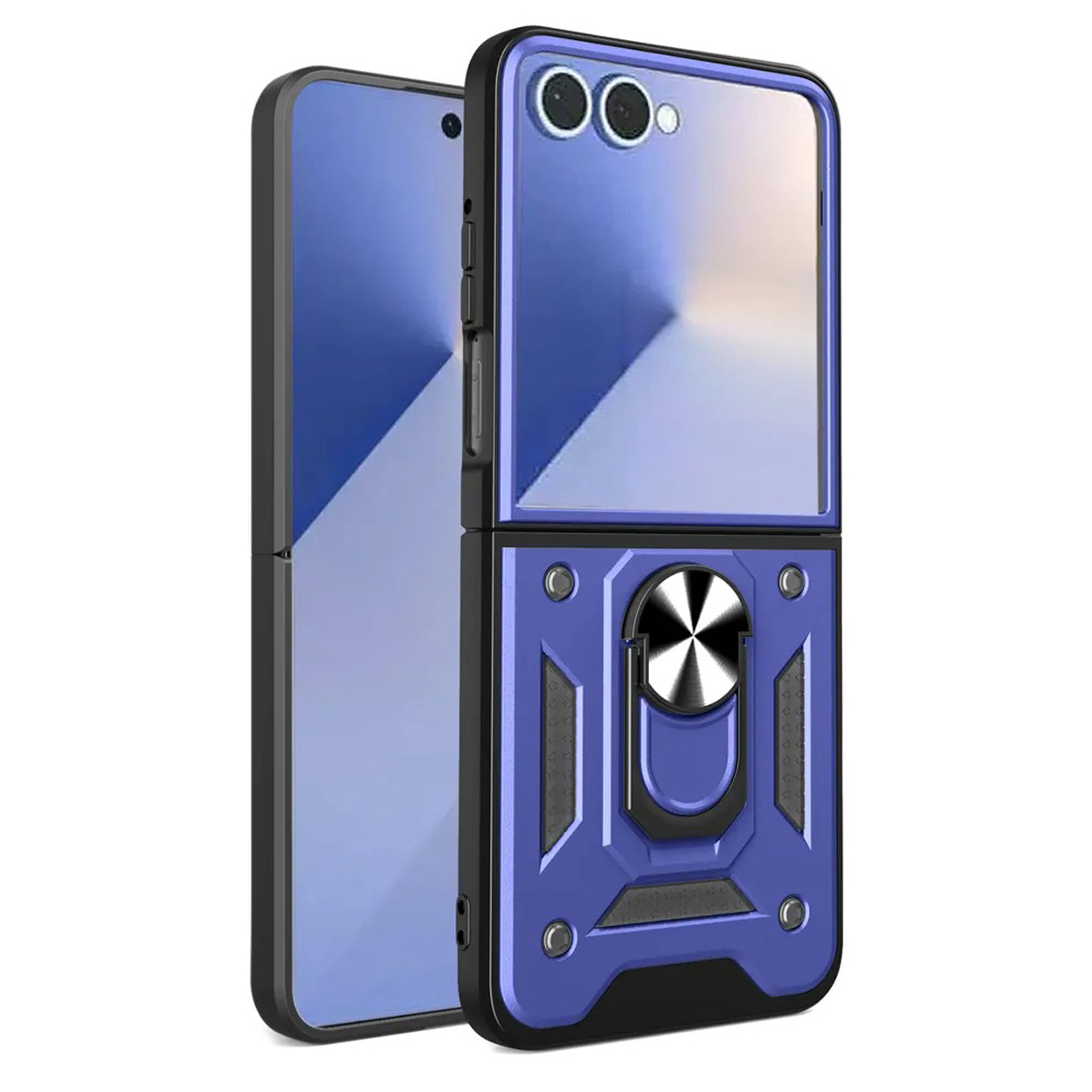 Blauwe telefoonhoes met ring. De telefoon is opgevouwen. De hoes heeft een beschermend ontwerp.