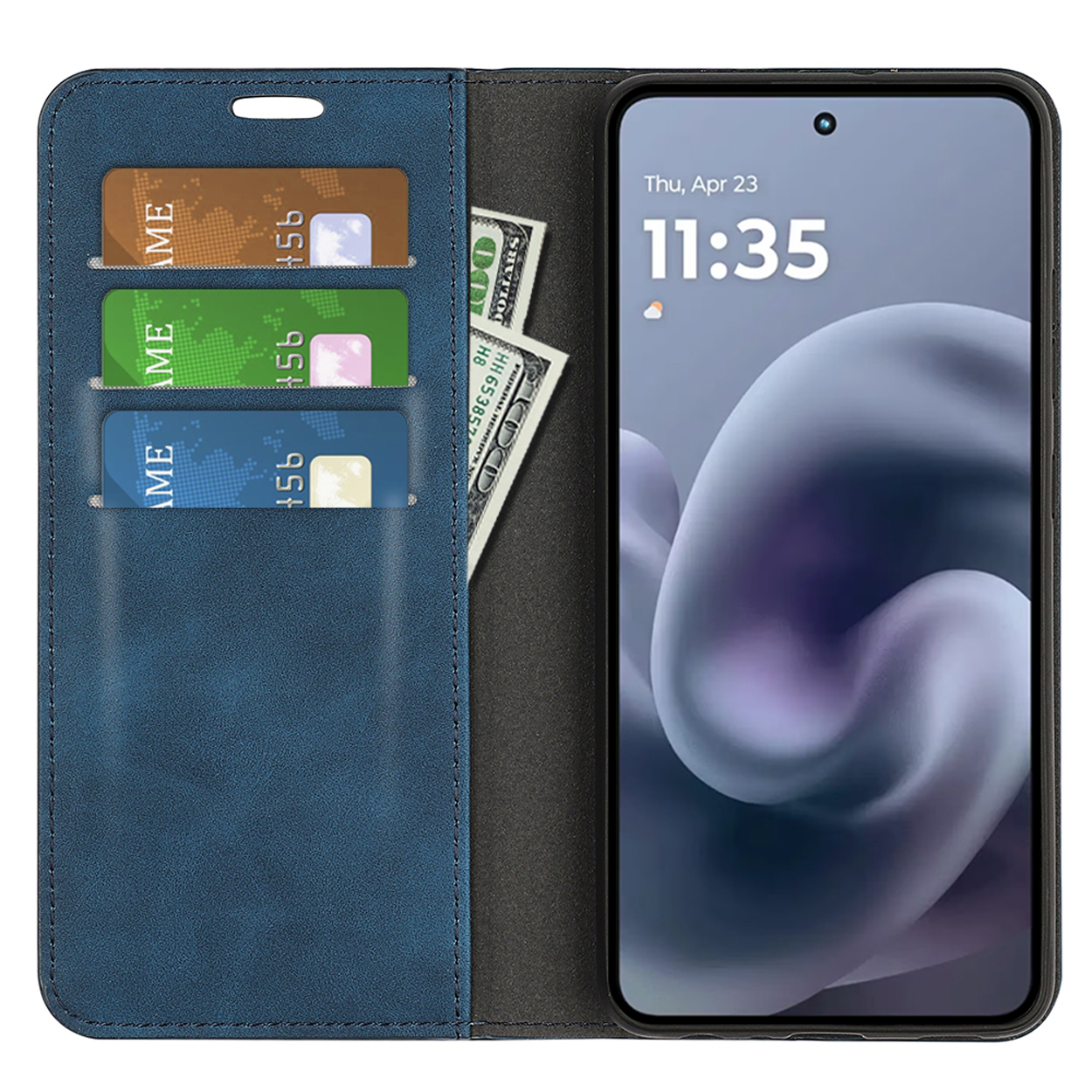Blauw telefoonhoesje portemonnee open met kaarten, geld en een telefoon die de datum en tijd toont.