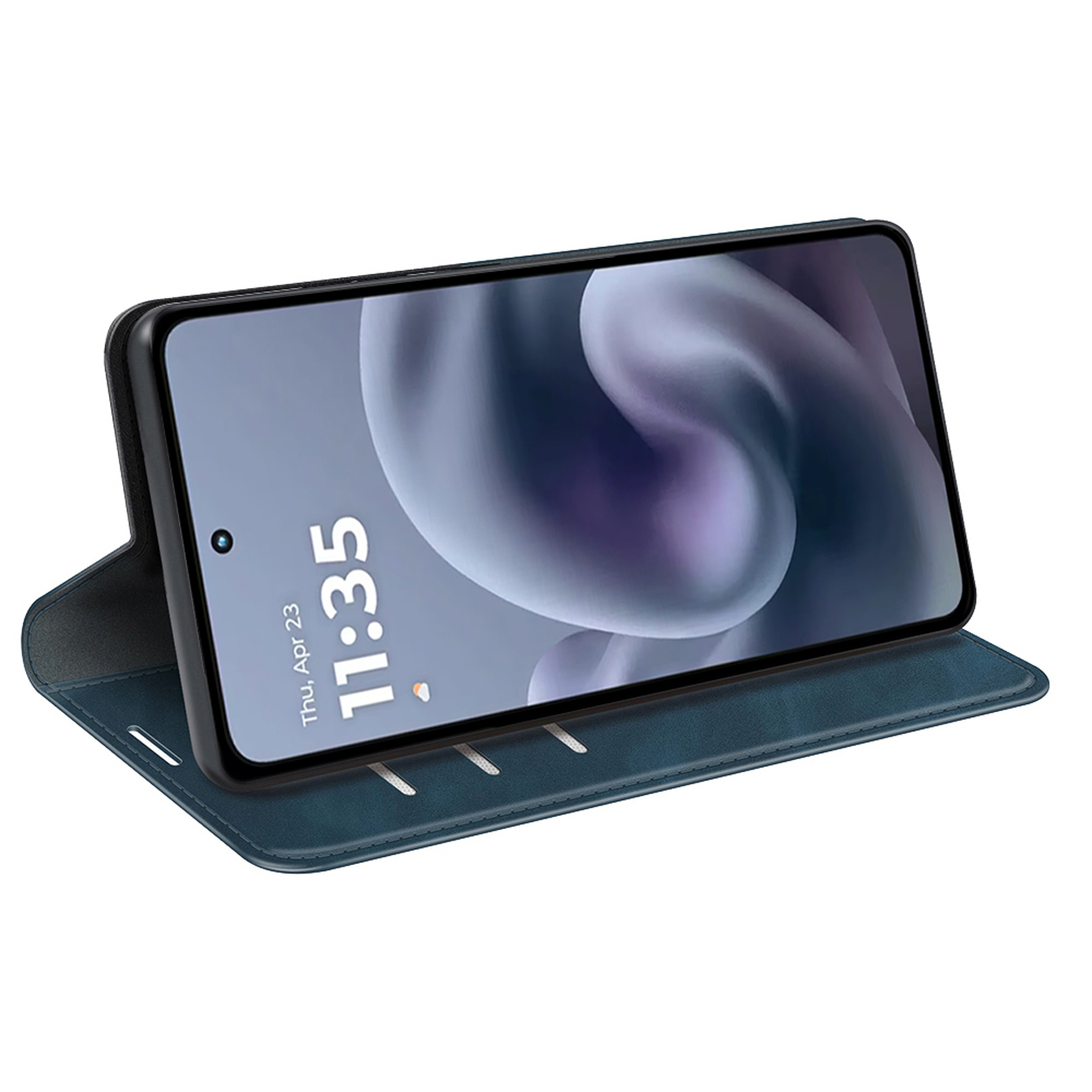 Blauwe telefoonhoes met telefoon erin. De telefoon toont de tijd: 11:35, 23 april.