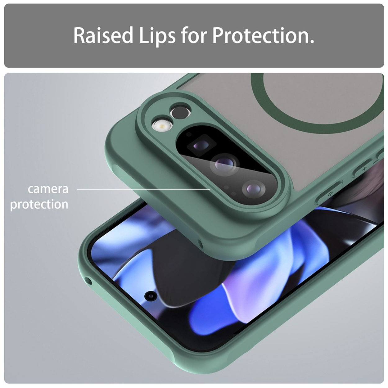 Gros plan sur une coque de téléphone verte, montrant la protection de l'appareil photo et les rebords surélevés.