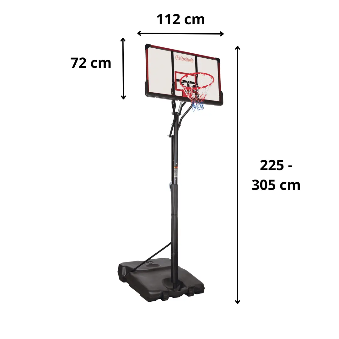A basketball hoop with a backboard, net, and pole, dimensioned with height and width measurements.