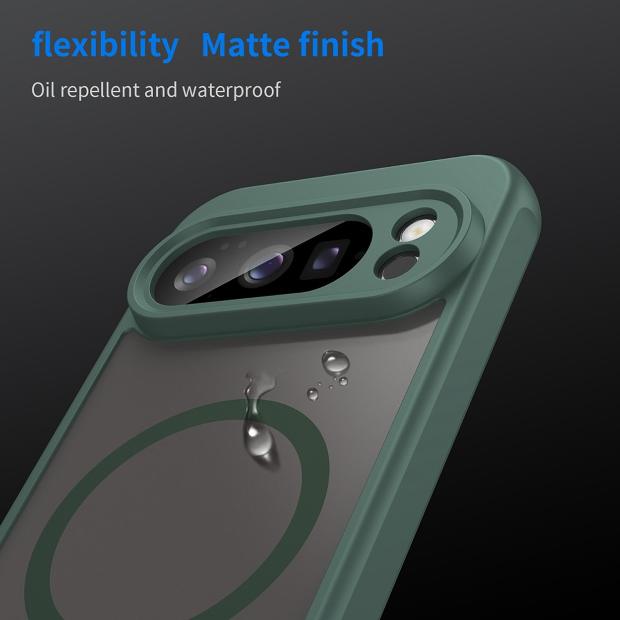 Coque de téléphone verte avec une goutte d'eau. Le texte indique 'flexibilité', 'finition mate', 'étanche'.