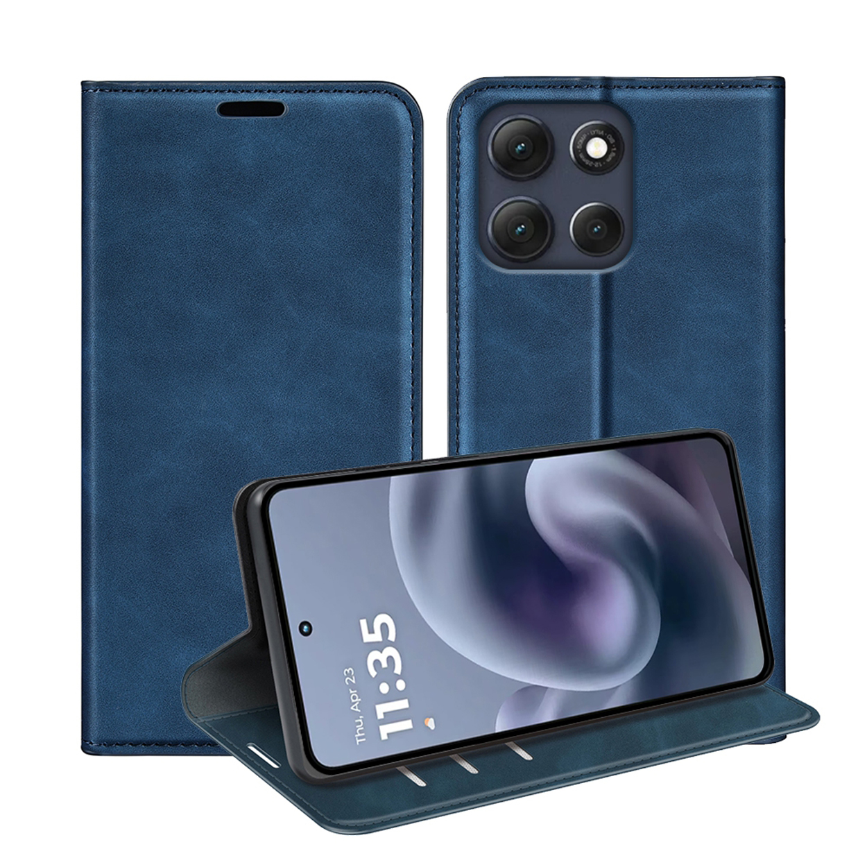 Blauwe telefoonhoes met telefoon erin. De telefoon toont de tijd: 11:35, 23 april, in een standaard.