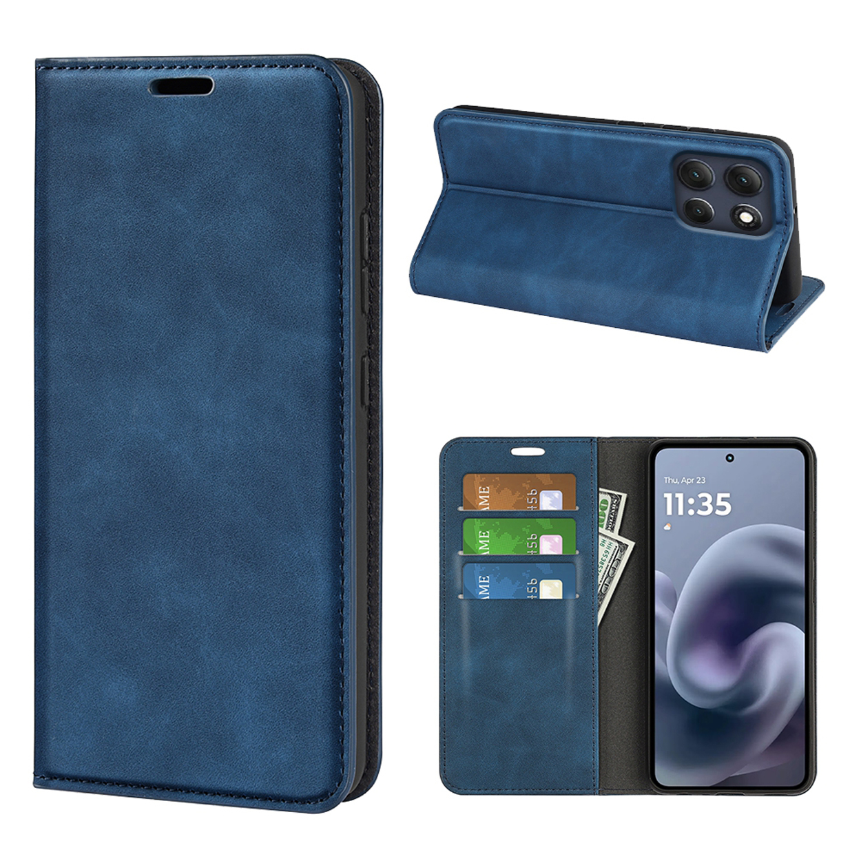 Blauwe telefoonhoes met telefoon erin. De telefoon toont de tijd: 11:35, 23 april, met kaarten.