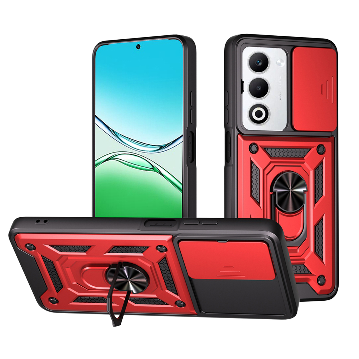 Coque de téléphone rouge et noire, avec un anneau. Trois vues différentes de la coque sont montrées.