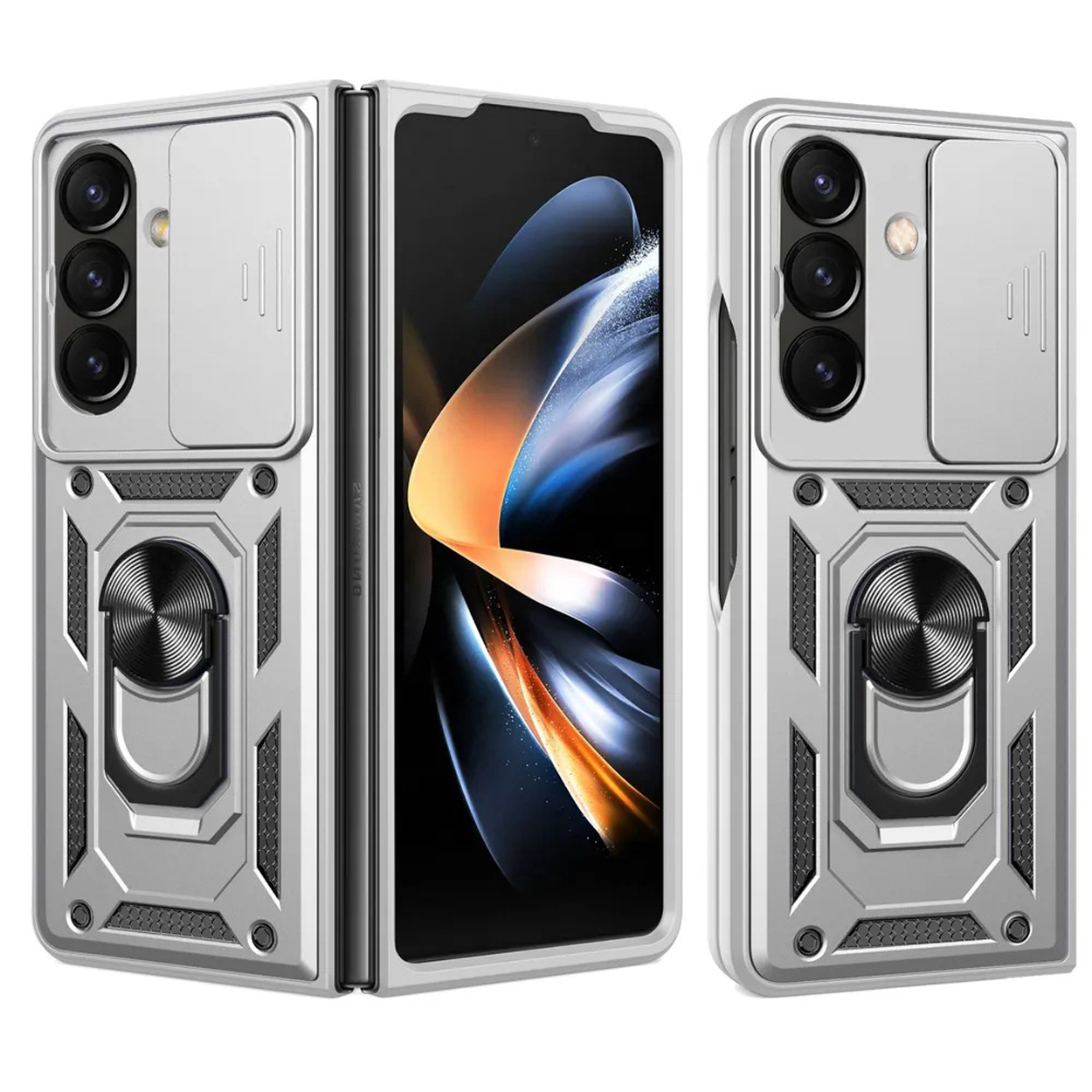 Zilveren telefoonhoesje met ringhouder. De hoes heeft camerabescherming en wordt vanuit verschillende hoeken getoond.
