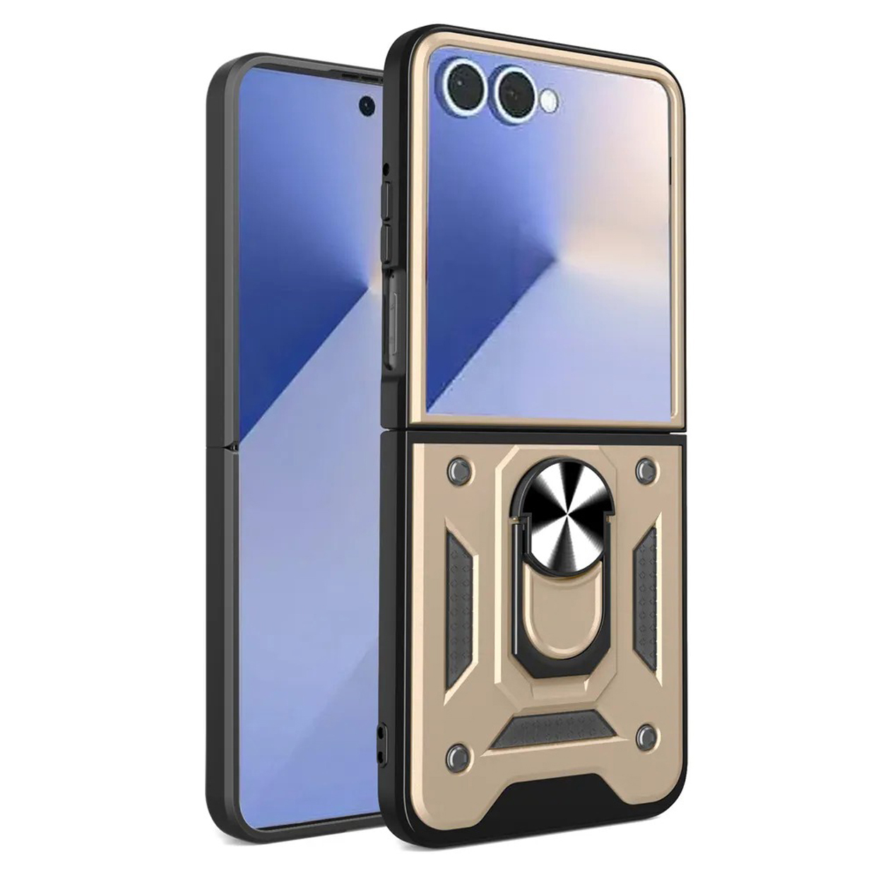 Een gouden telefoonhoesje met een ringhouder, staand, met een showcase van het opvouwbare ontwerp en de camerabescherming.
