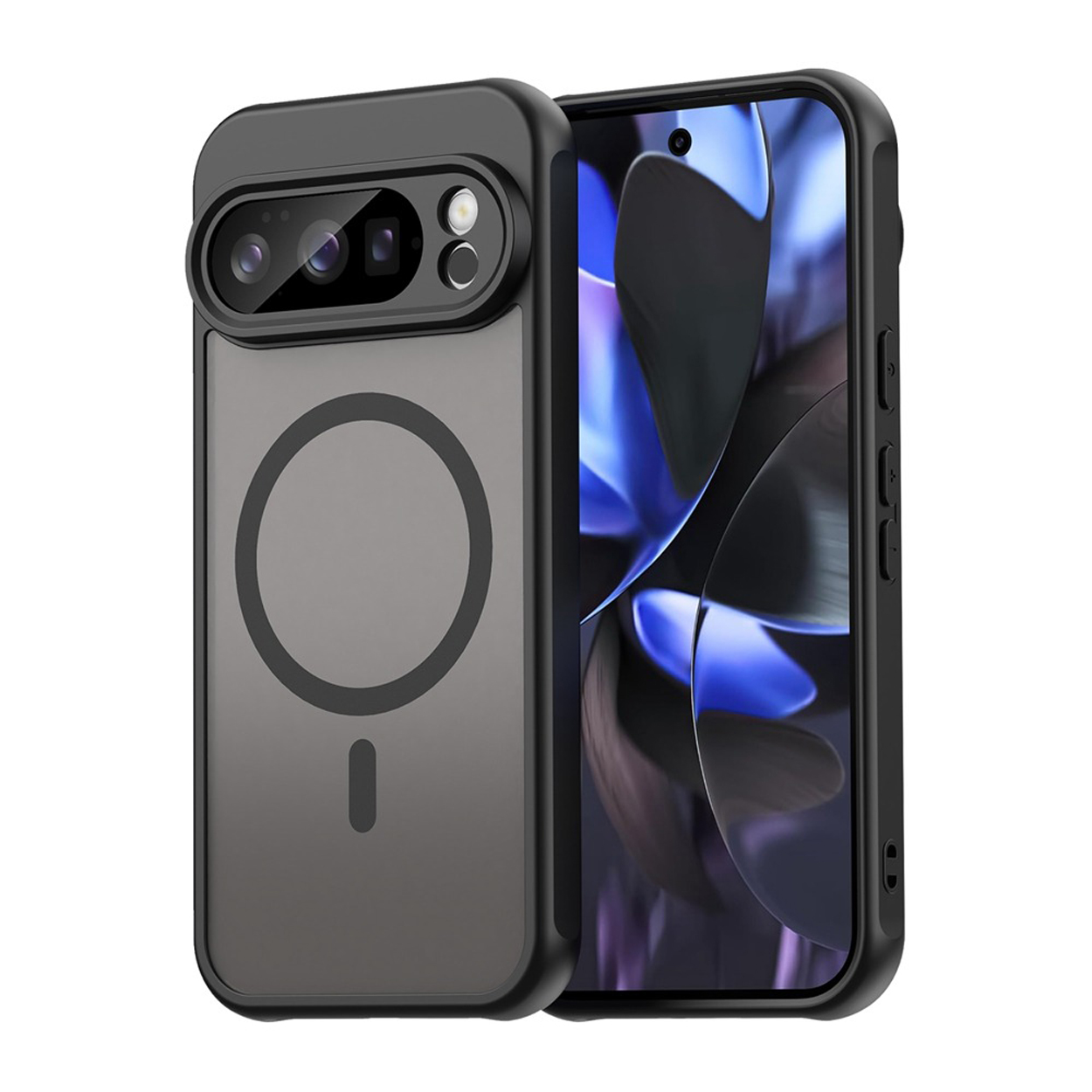 Een zwart telefoonhoesje met camerabescherming en een cirkelvormig ontwerp op de achterkant, naast een telefoon met een kleurrijk scherm.