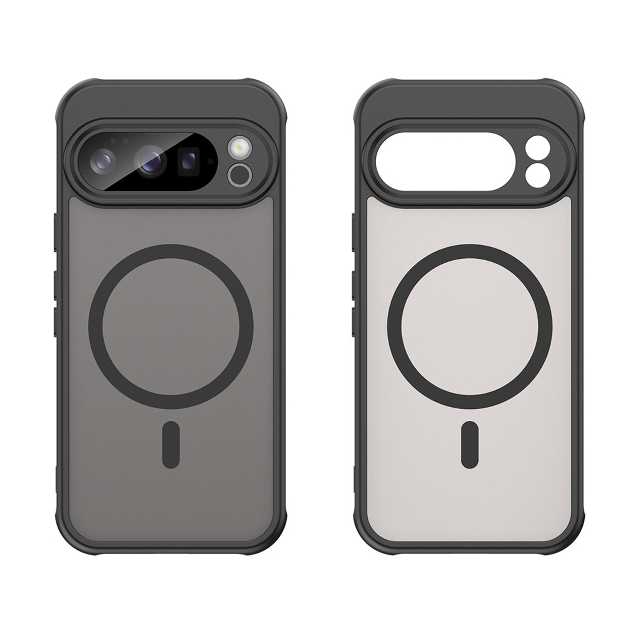 Twee telefoonhoesjes in een grijs-witte kleurstelling. Beide hebben een magnetische cirkel en een camera-uitsparing.