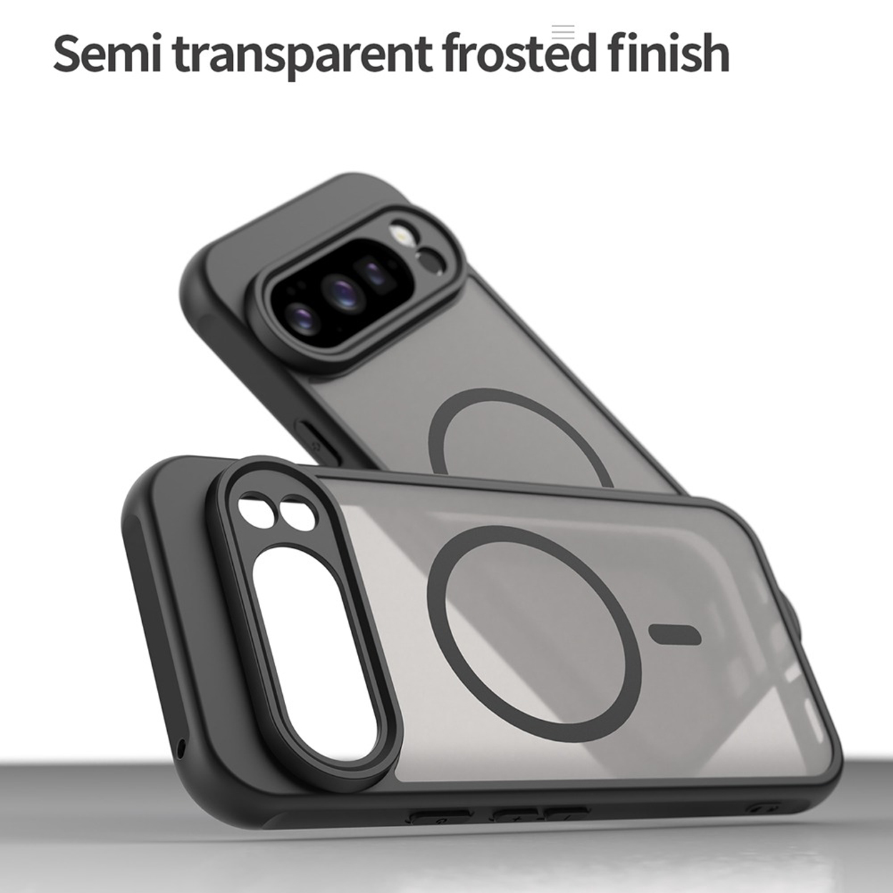 Twee telefoonhoesjes, één gestapeld. De bovenste is zwart met een camera-uitsparing. De onderste is transparant met een cirkel. Tekst: 'Semi transparent'.