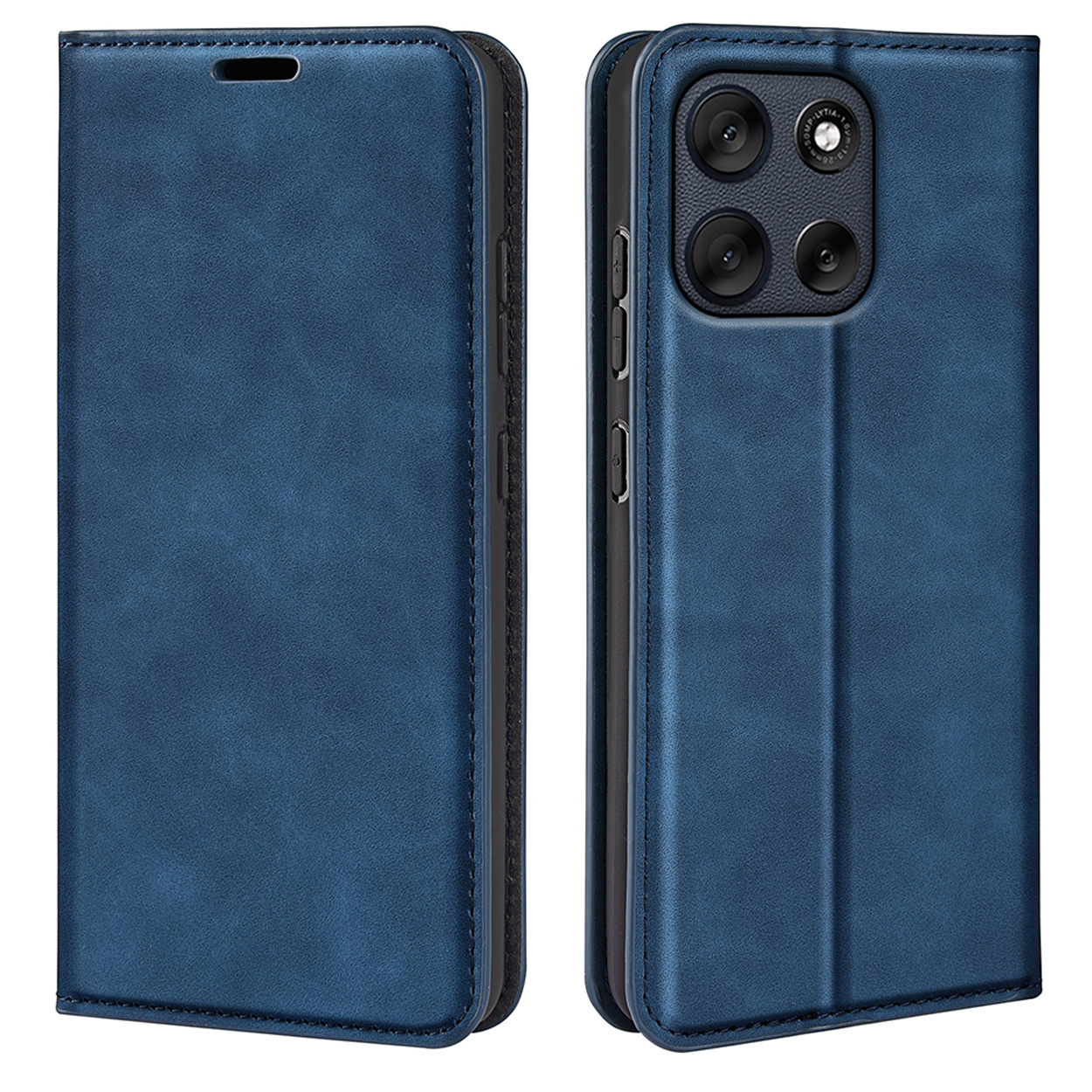 Étui de téléphone en cuir bleu, ouvert et fermé. Il possède une fermeture magnétique et un téléphone avec plusieurs lentilles.