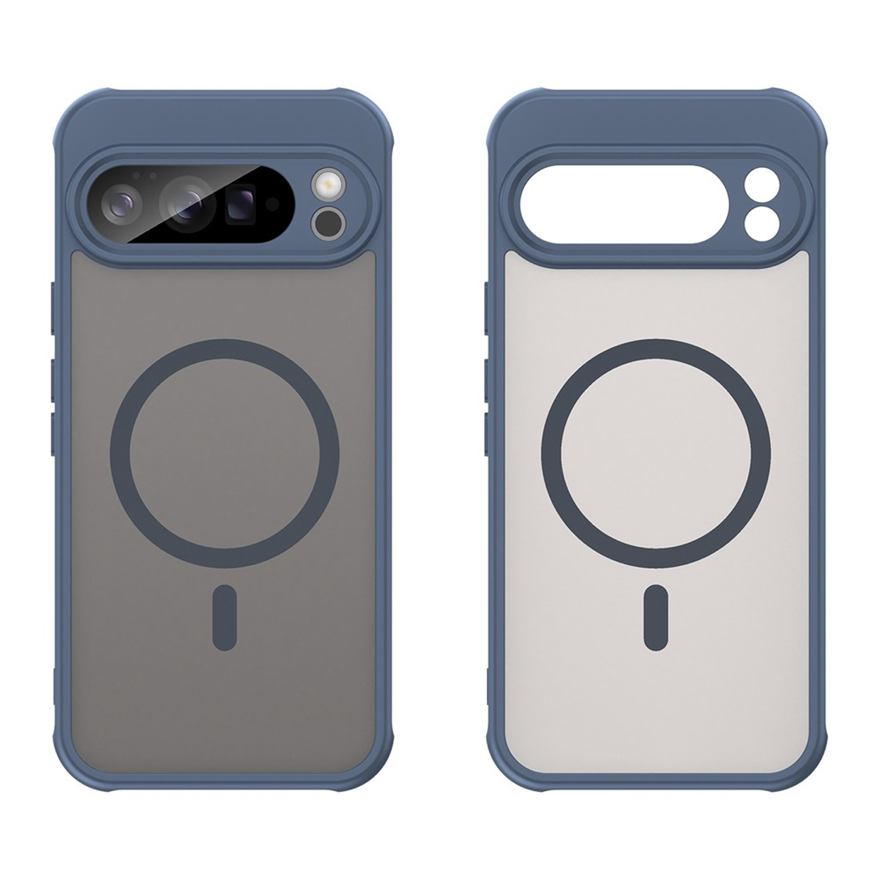 Deux étuis de téléphone bleus avec protection de la caméra et des motifs circulaires, l'un avec un téléphone à l'intérieur, sur un fond blanc.