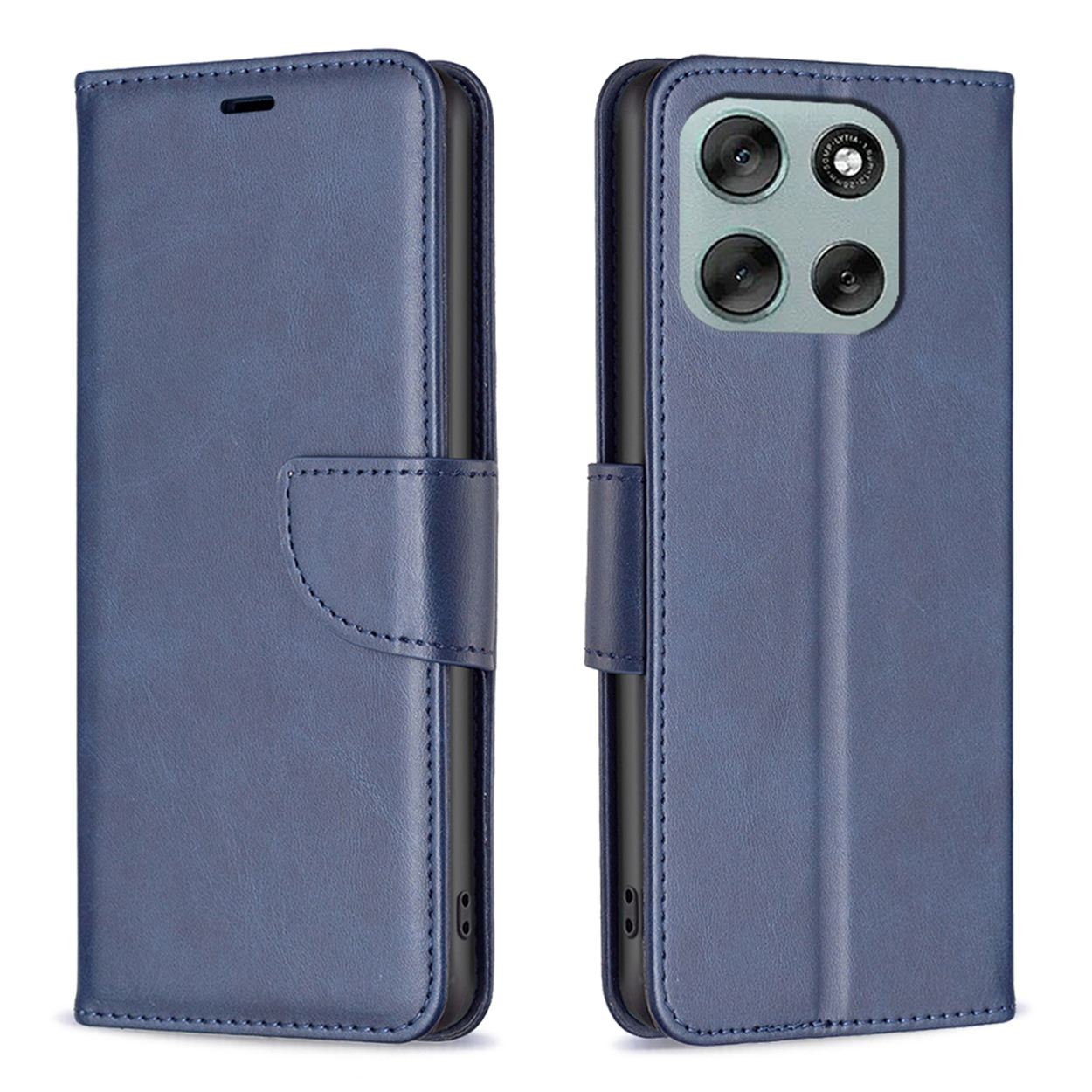 Un étui de téléphone portefeuille bleu, fermé et ouvert, montrant des fentes pour cartes et une protection de la caméra, adapté aux smartphones.