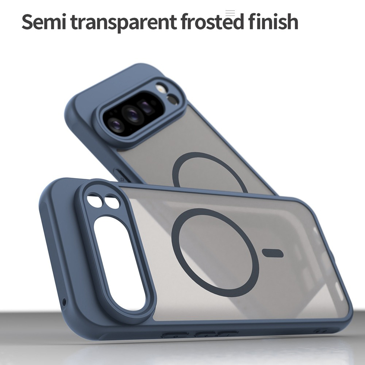 Deux étuis de téléphone bleus montrant une protection de la caméra. L'un a un téléphone à l'intérieur. Les étuis ont une finition givrée semi-transparente.