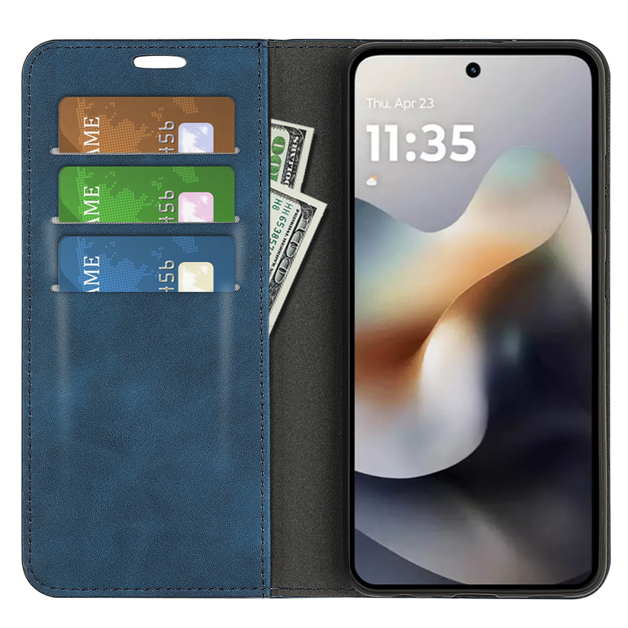 Un étui de téléphone bleu de style portefeuille, ouvert pour révéler des fentes pour cartes, de l'argent liquide et un téléphone affichant l'heure et la date.