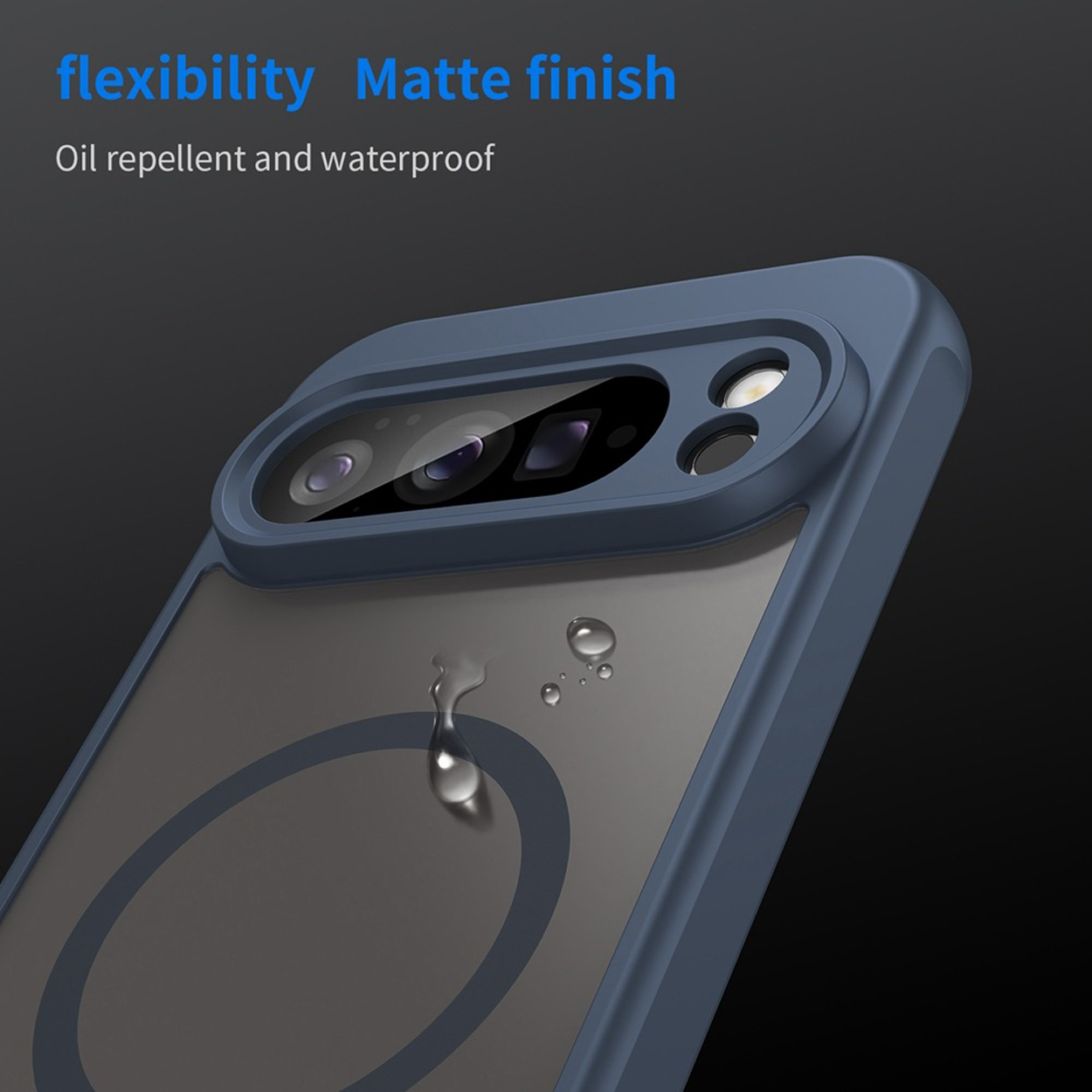 Un gros plan d'un étui de téléphone bleu avec une finition mate, doté d'une protection de caméra et d'un détail de goutte d'eau.