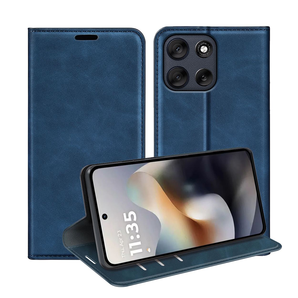 Étui de téléphone bleu avec un téléphone à l'intérieur. Le téléphone affiche l'heure. L'étui est ouvert et en mode paysage.