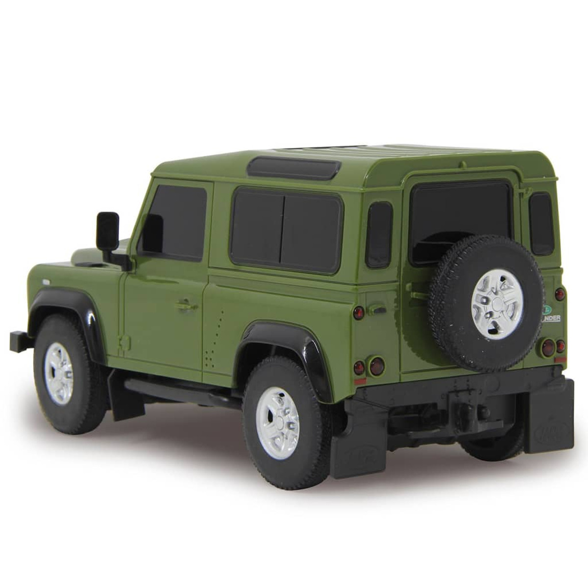 Coche de juguete Land Rover verde desde atrás. Tiene una rueda de repuesto y detalles en negro.