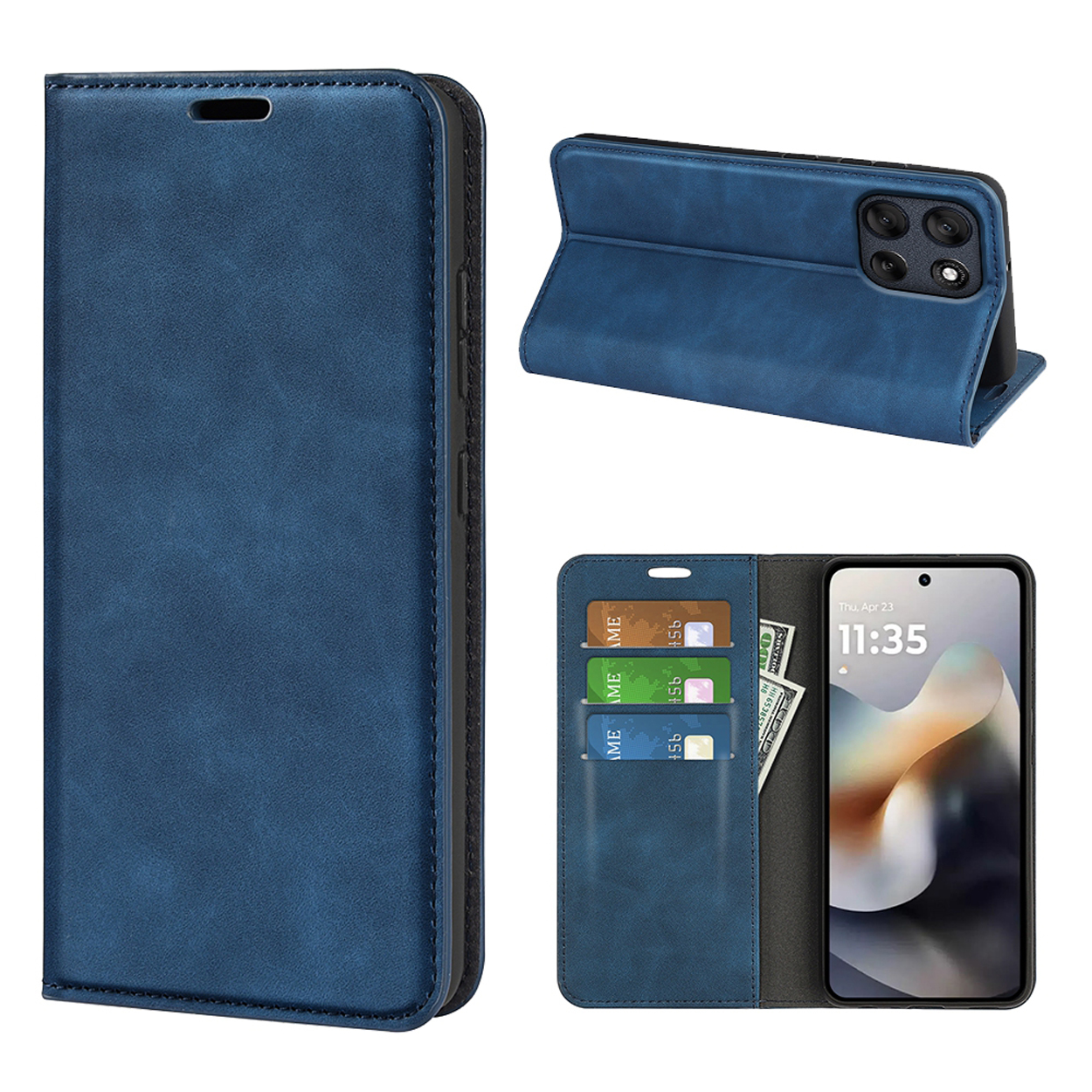 Étui de téléphone en cuir bleu ouvert, fermé et avec téléphone à l'intérieur. Comprend des fentes pour cartes.