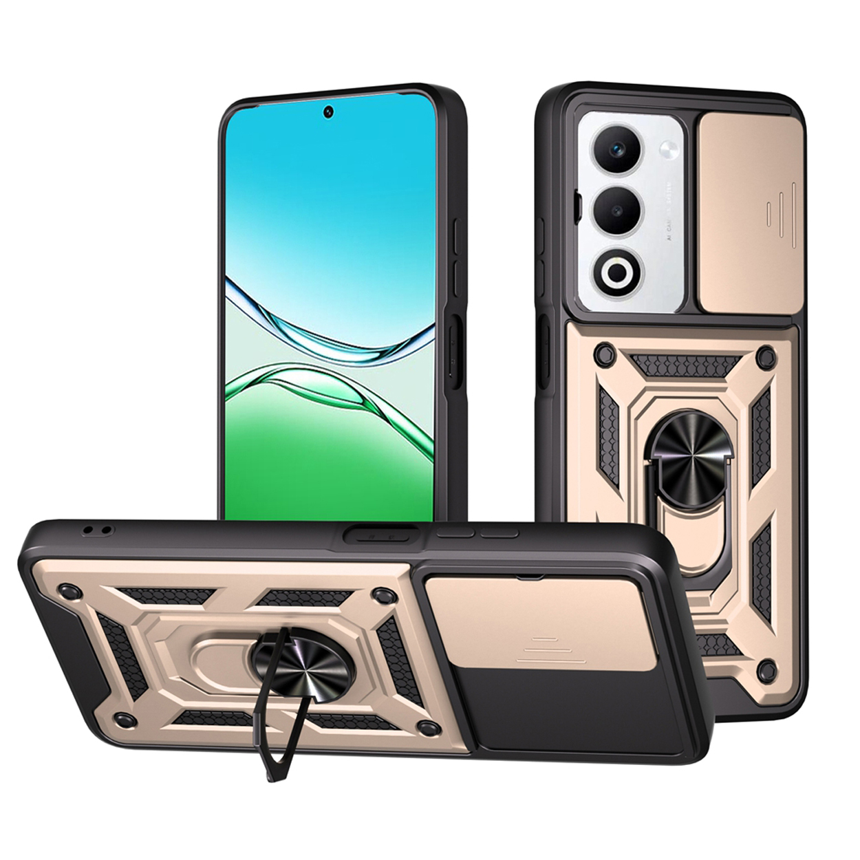 Étuis de téléphone en plusieurs vues. Couleur or et noir. Possède un support d'anneau.