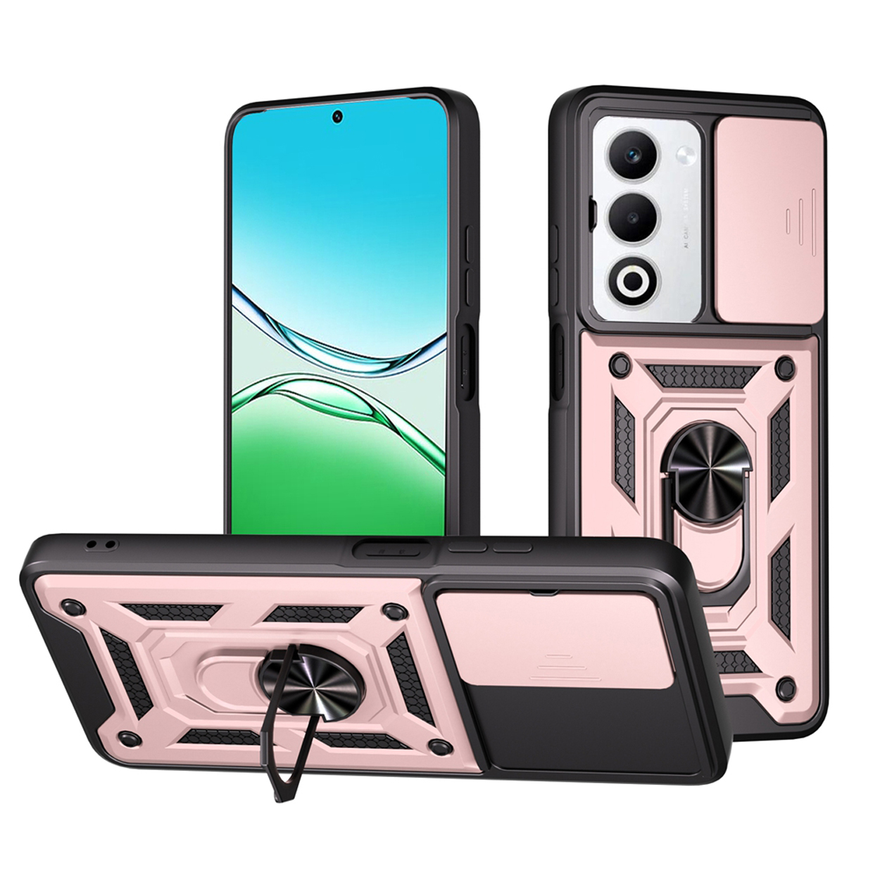 Telefoonhoesjes in meerdere weergaven. Roze en zwart. Heeft een ringhouder.