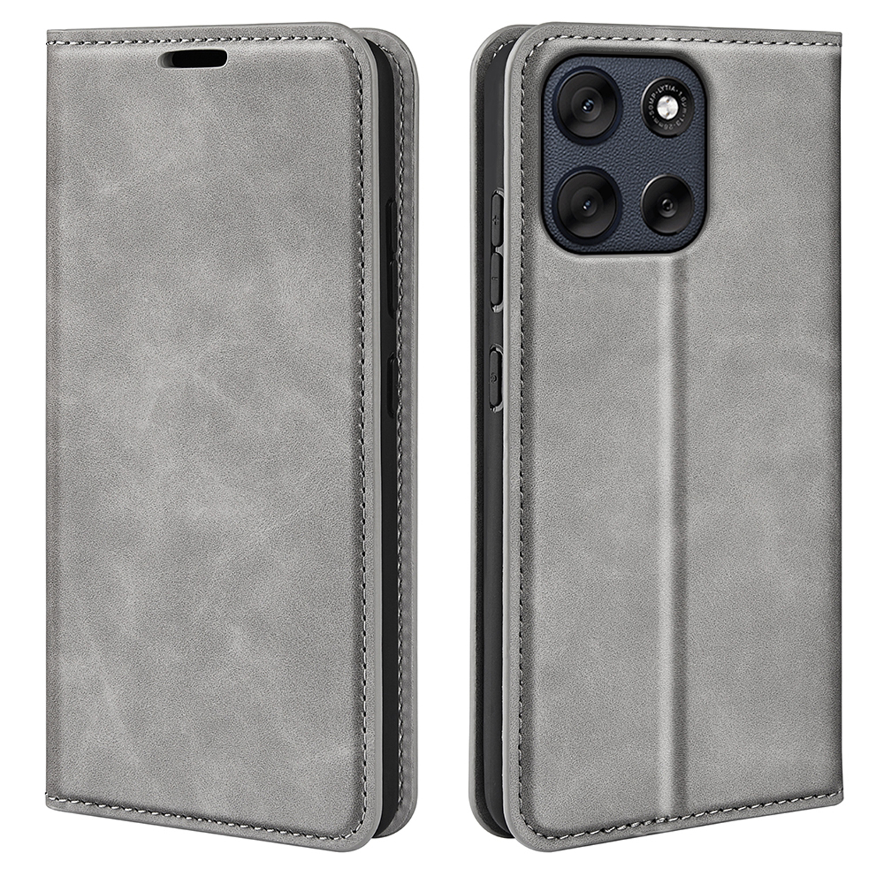 Étui de téléphone gris ouvert, avec un téléphone à l'intérieur et fermé. L'étui a une texture cuir.
