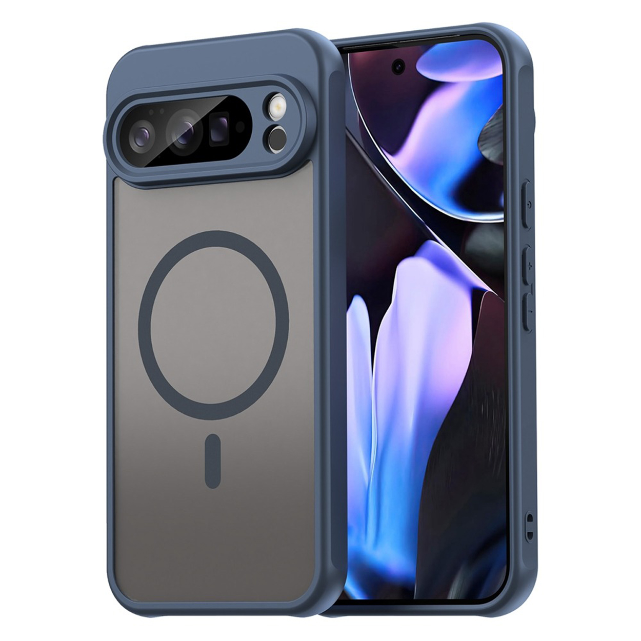 Blauwe telefoonhoes met een telefoon erin. De hoes heeft een magnetisch gebied.