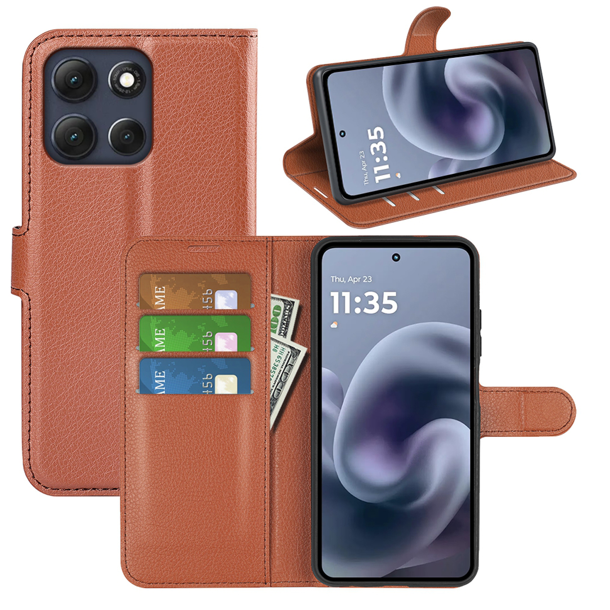 Bruine telefoonhoes open, dicht en met telefoon erin. Inclusief kaartsleuven en geld.