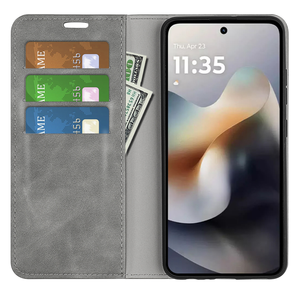 Portefeuille de coque de téléphone grise ouvert, avec téléphone et cartes visibles.