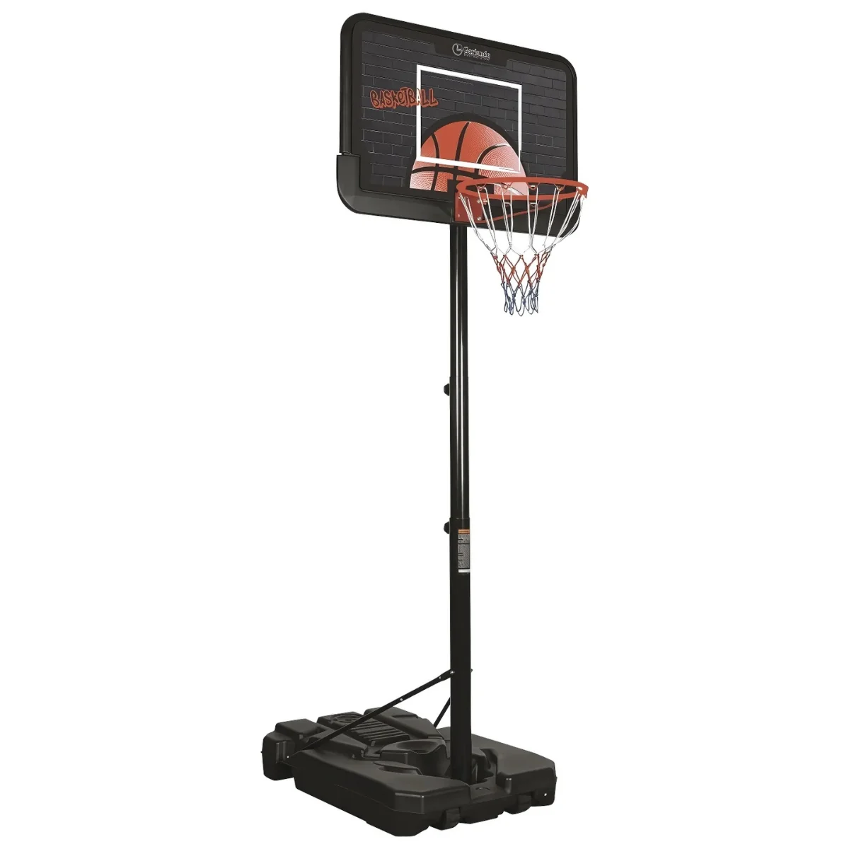 Panier de basket sur pied. Poteau et panneau noirs, filet rouge et blanc.