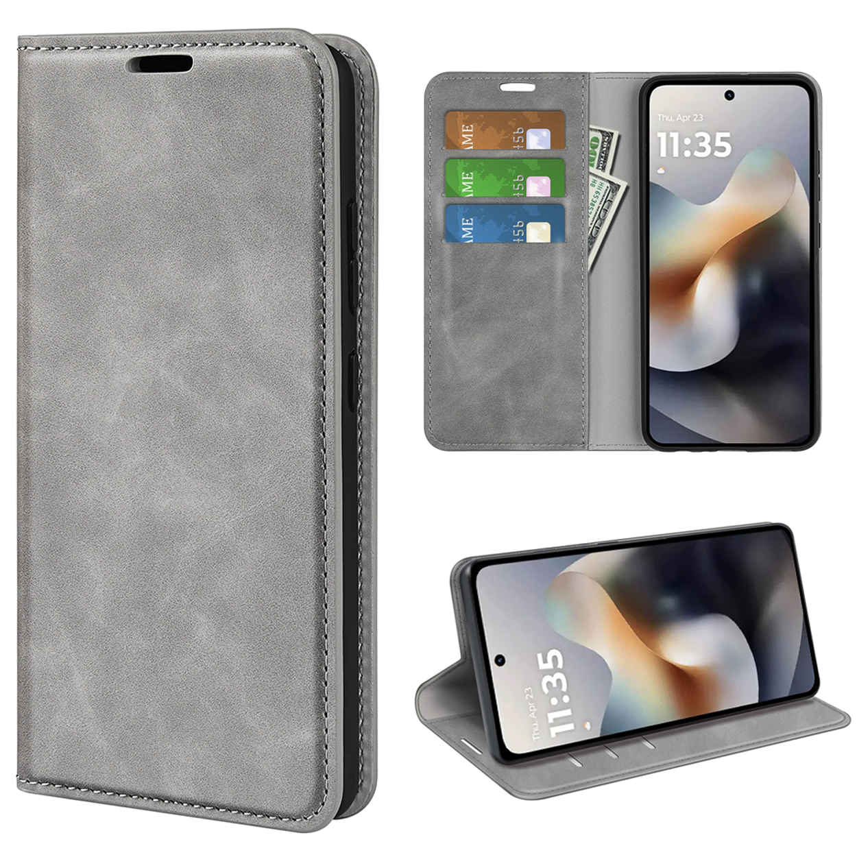 Étui portefeuille gris pour un téléphone avec fentes pour cartes et espèces. Le téléphone affiche l'heure.