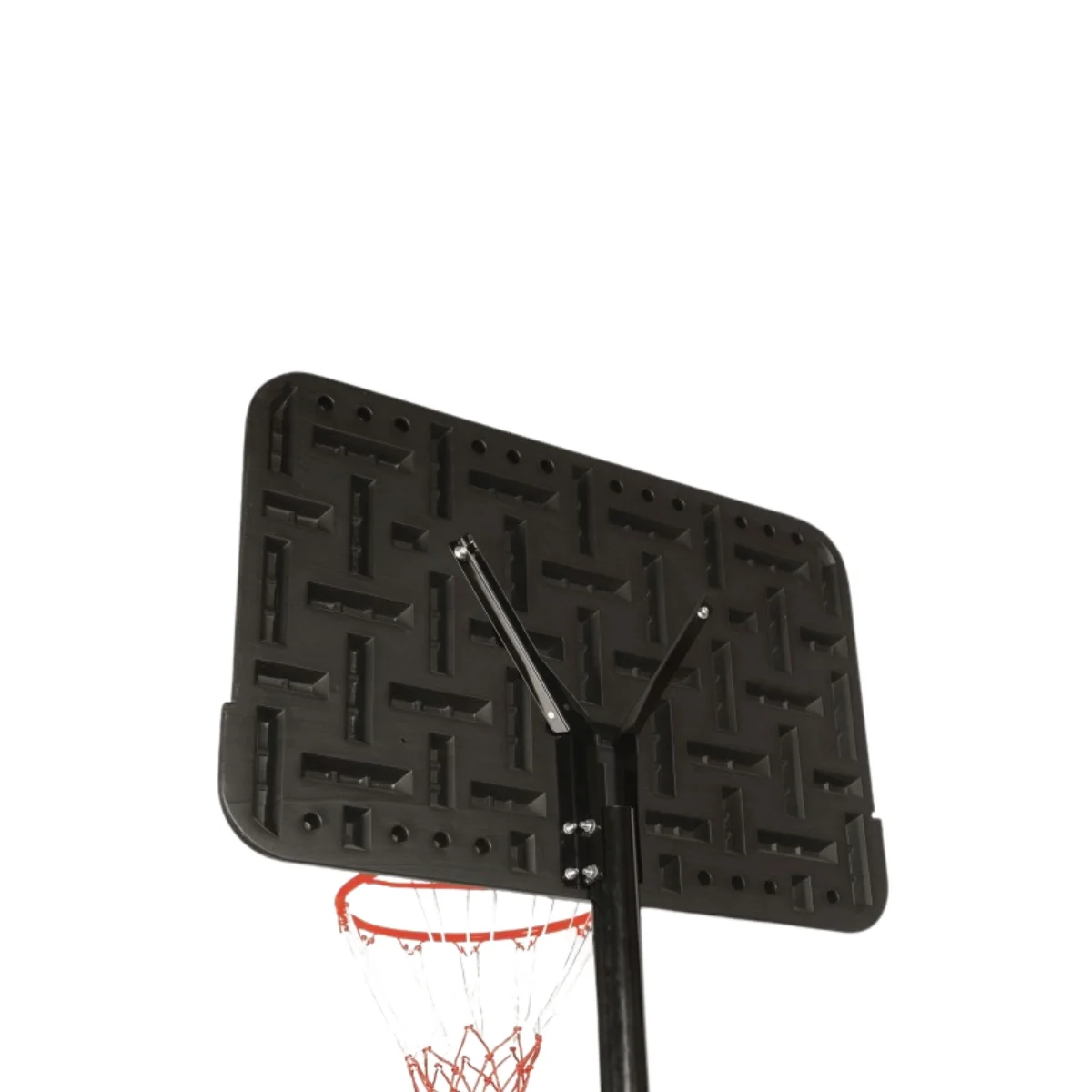 Panier de basket avec panneau noir et filet rouge, sur fond blanc.