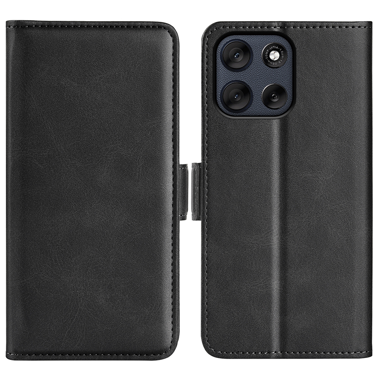 Étui de téléphone noir, ouvert, révélant un téléphone avec lentilles et fermoir.