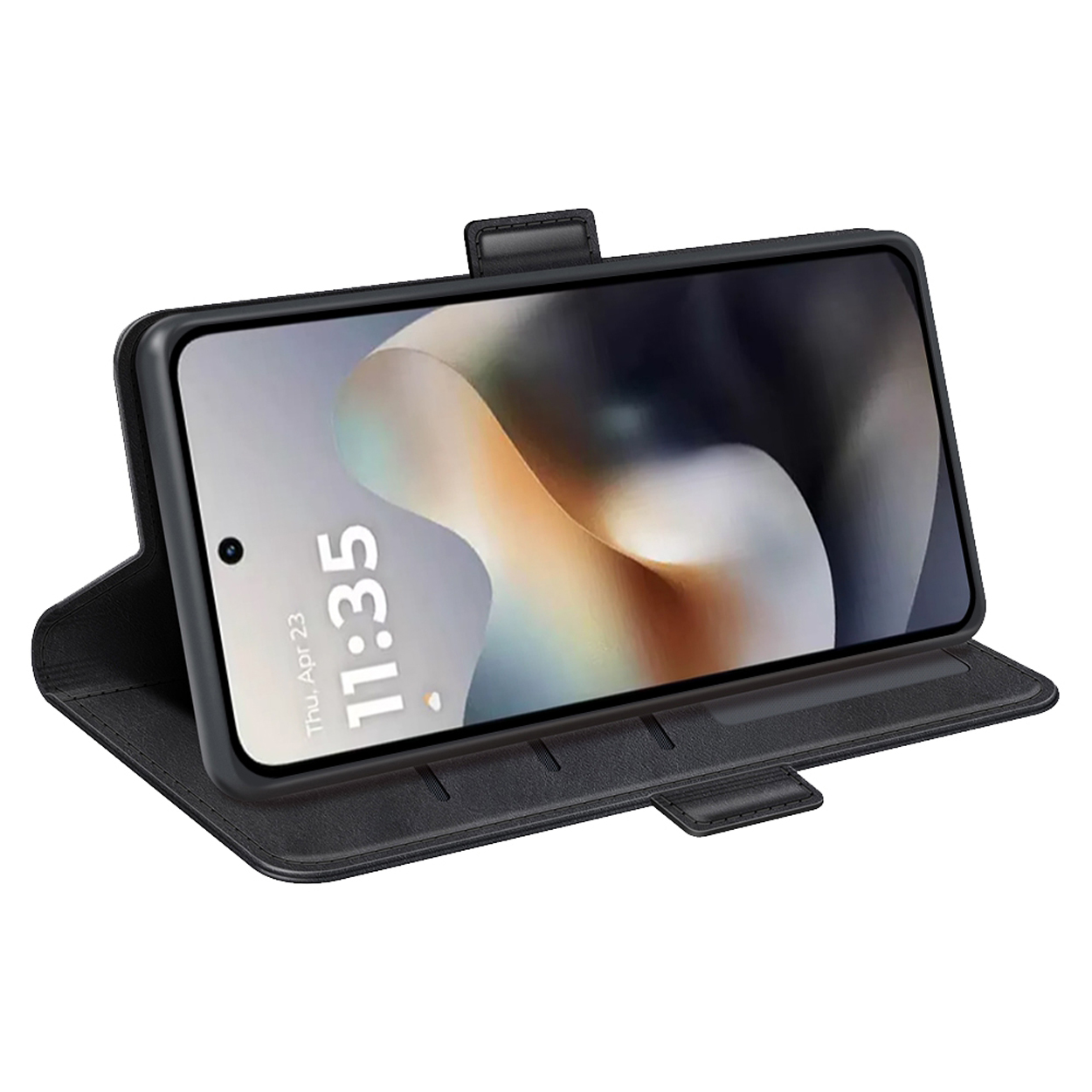 Étui noir, ouvert, avec téléphone affichant l'heure et la date, incliné.