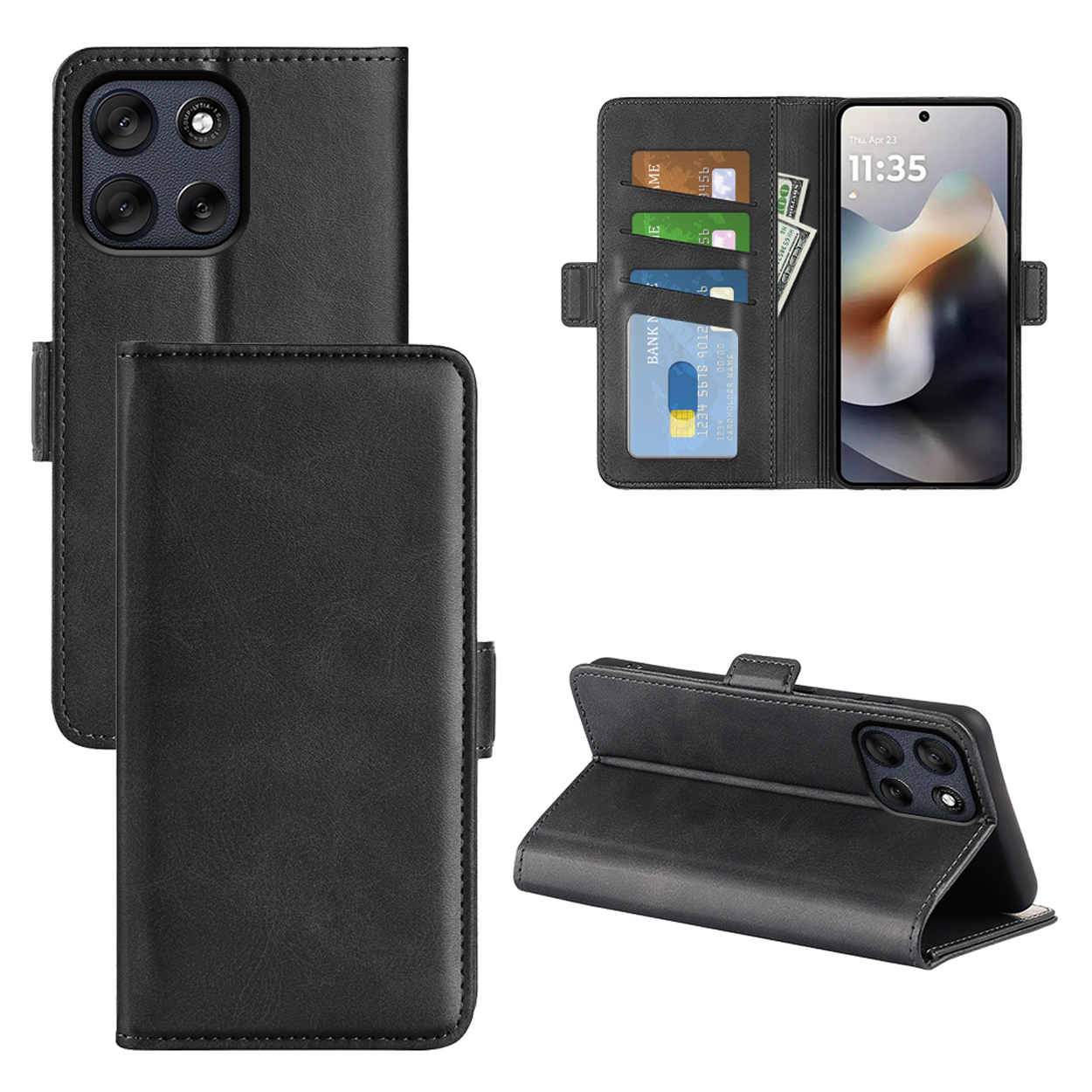 Plusieurs vues d'un étui de téléphone noir avec un téléphone à l'intérieur. Une vue est ouverte, montrant des cartes.
