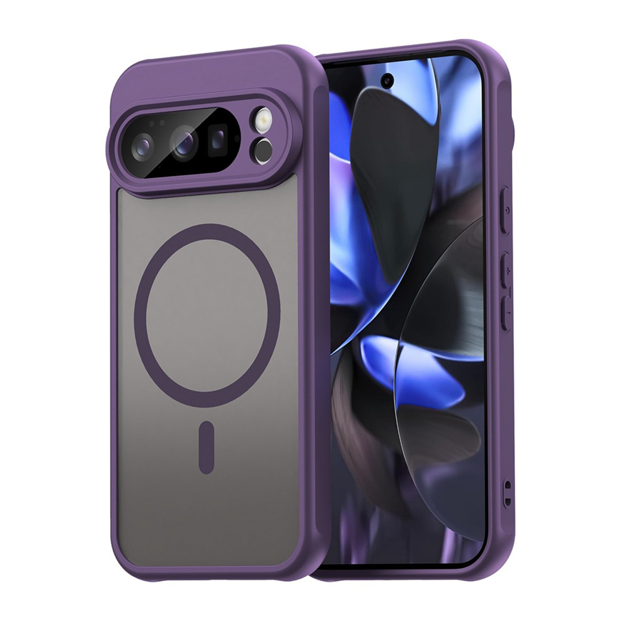 Coque de téléphone violette avec un dos transparent et une protection d'appareil photo. Le téléphone est visible.