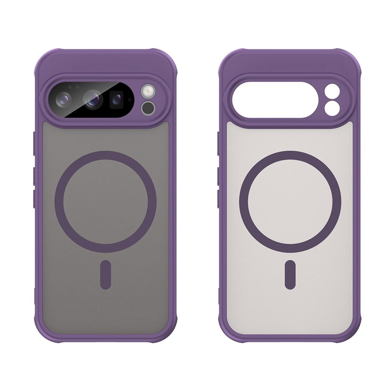 Deux étuis de téléphone, cadre violet avec dos gris et centre transparent. Le gauche a une caméra et le droit un cercle.