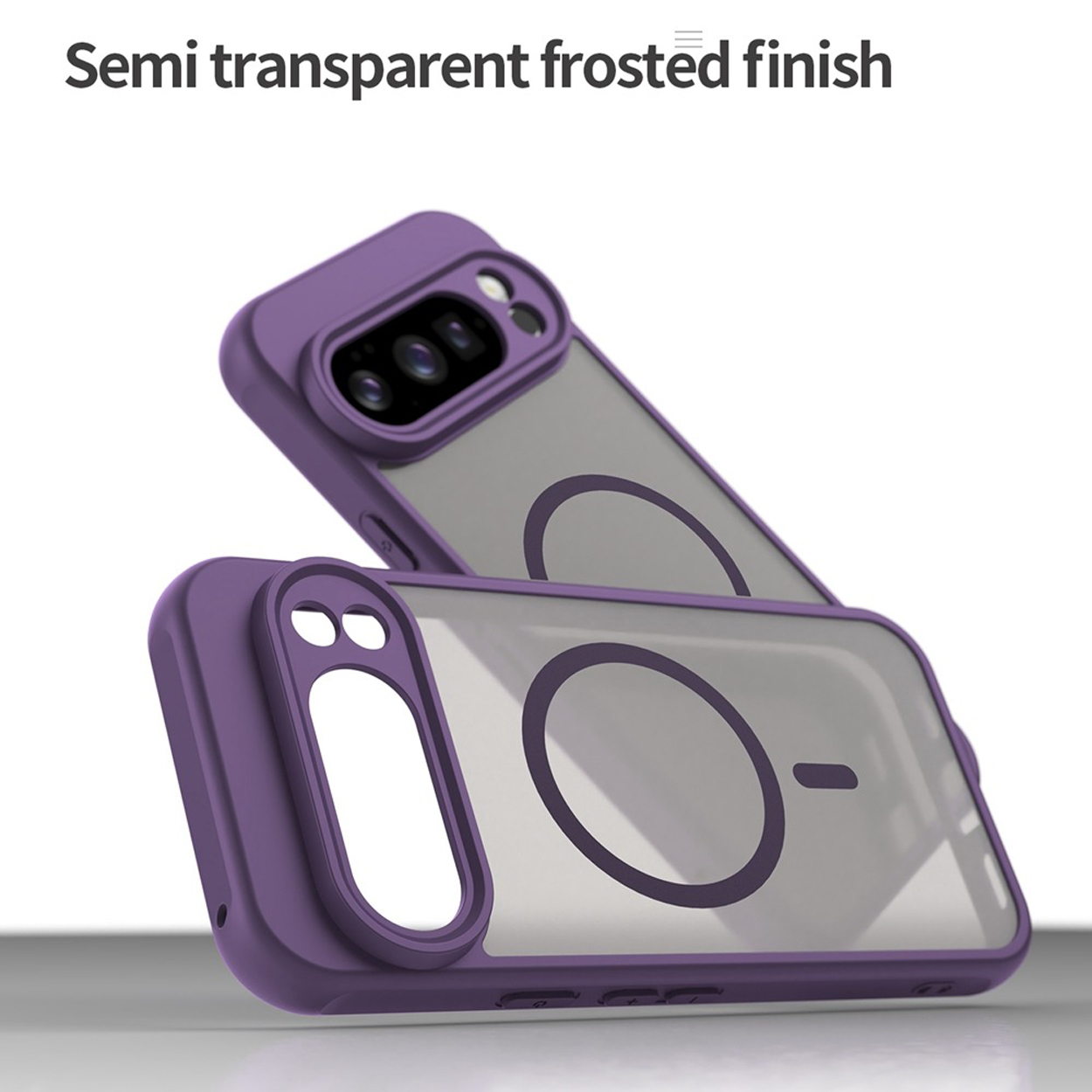 Deux étuis de téléphone violets, semi-transparents. Celui du dessus est incliné, celui du dessous est plat. Les deux ont un cercle violet.