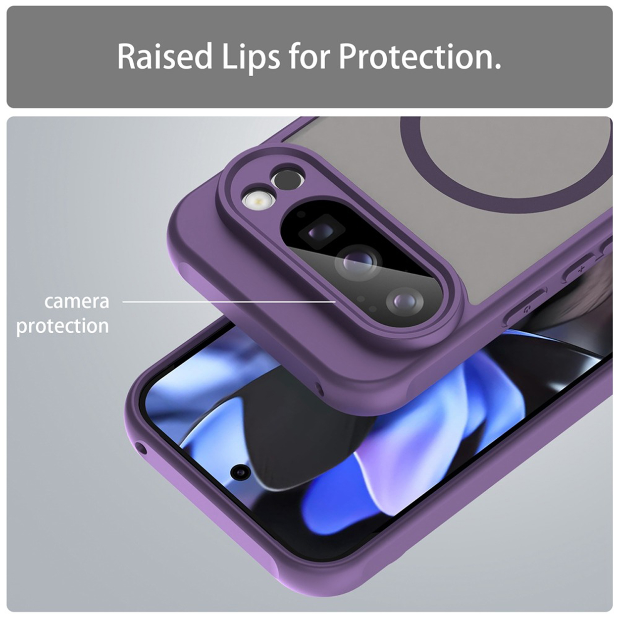 Gros plan d'une coque de téléphone violette avec protection de caméra. La coque est en position protectrice.