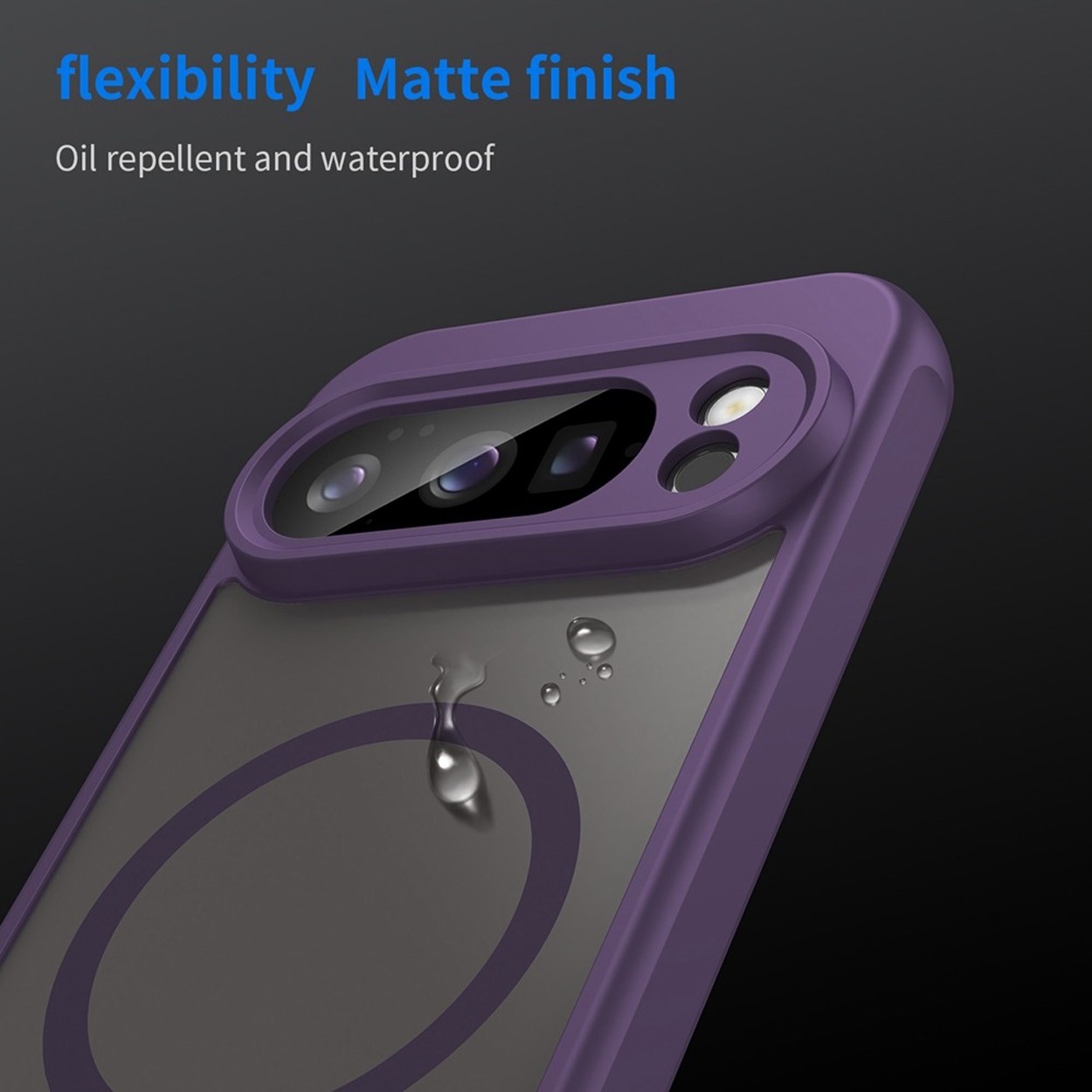 Une coque de téléphone violette avec un dos transparent, en angle, avec une goutte d'eau. Texte : 'flexibility Matte finish Oil repellent and waterproof'.