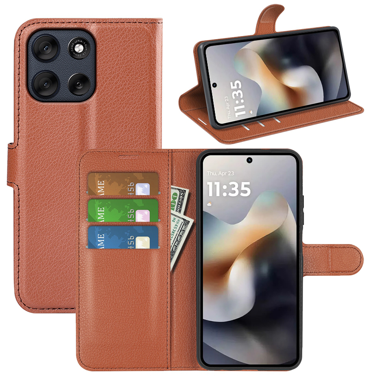 Diverses vues d'un étui de téléphone marron, ouvert et fermé, avec un téléphone, des cartes et de l'argent visibles.