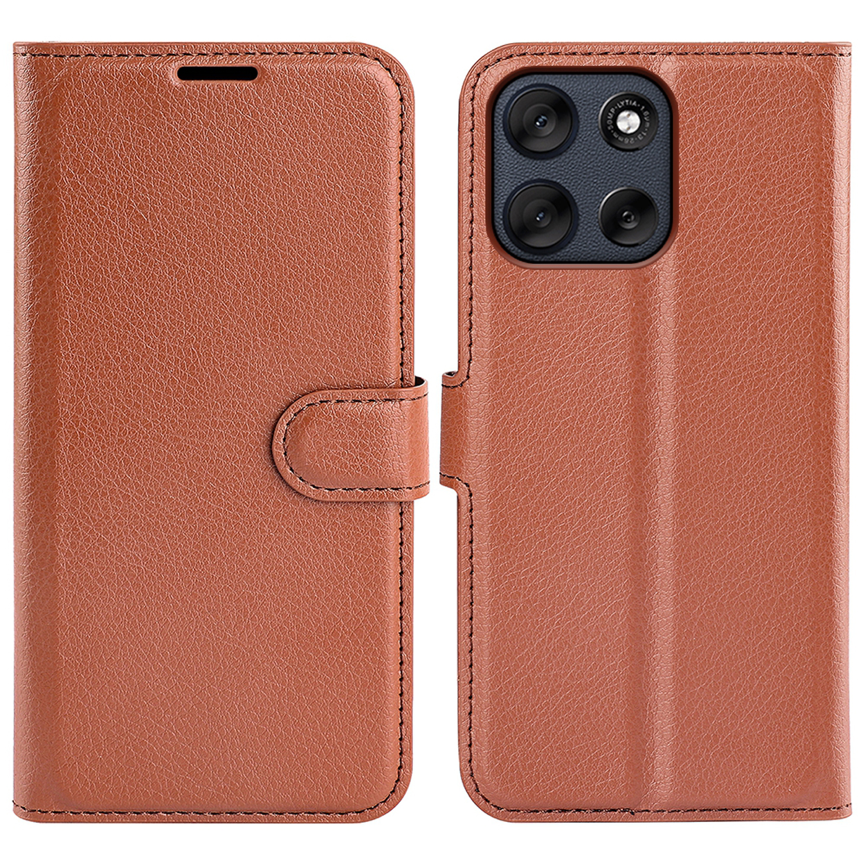 Étui de téléphone en cuir marron fermé. Il s'agit d'un étui de style portefeuille, avec un rabat et des coutures.