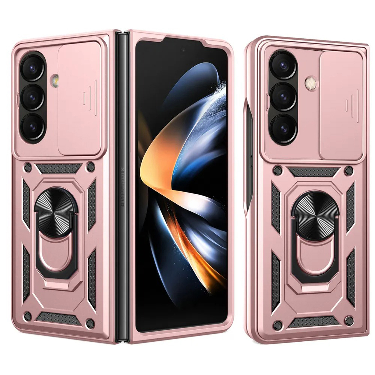 Drie telefoonhoesjes, roségoud van kleur. De eerste en derde zijn gesloten, met camera's. De tweede is open.